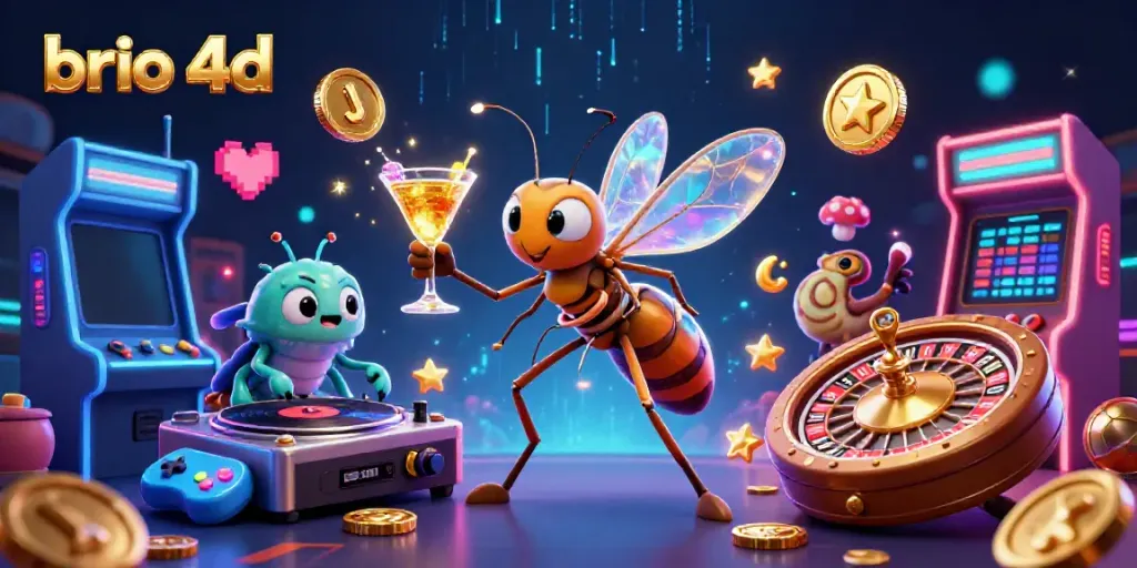 Experience the thrill of brio 4d with a vibrant casino scene featuring a frozen mosquito mascot and a trilobite DJ.
