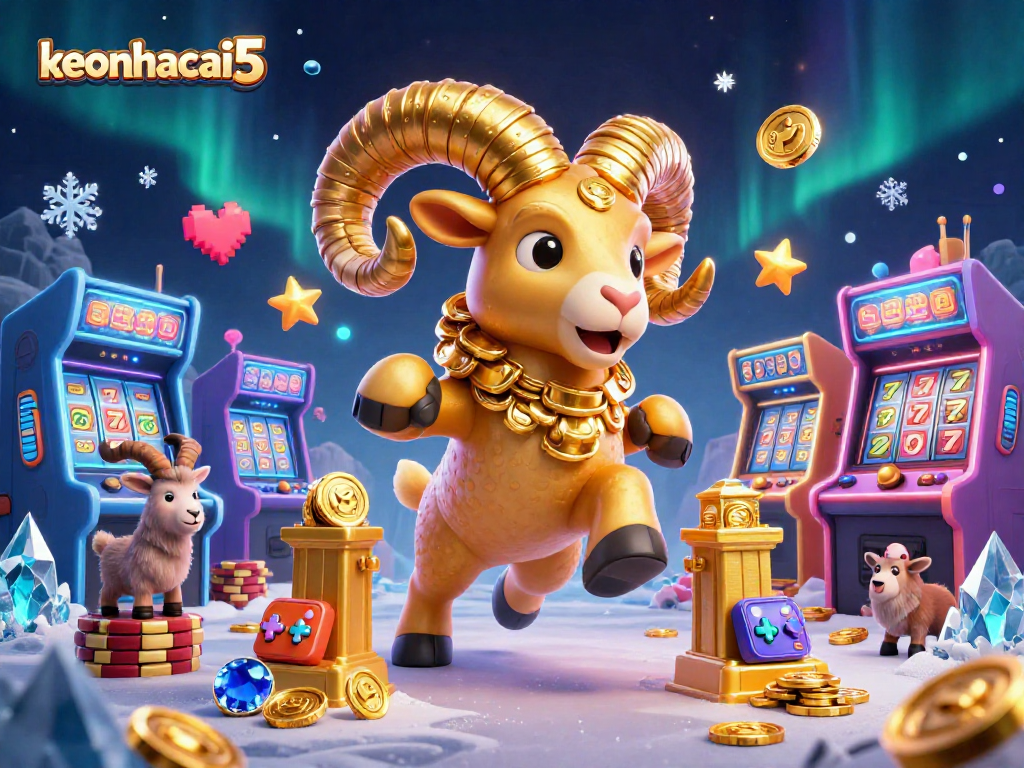 Engage with the vibrant gaming world of keonhacai5, featuring a golden ram charging through a virtual casino gateway.