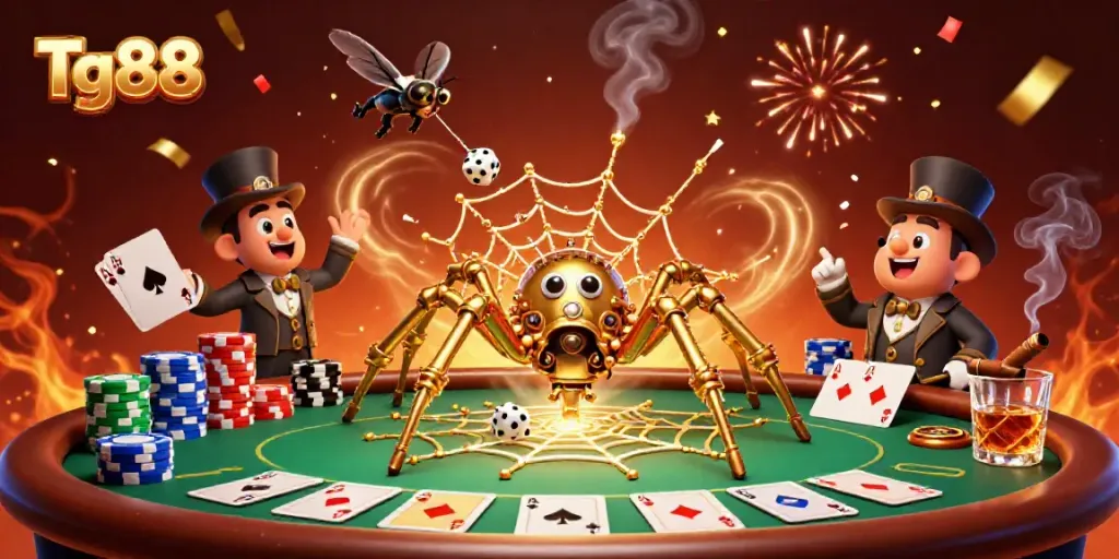 Tg88 showcases a whimsical 3D scene with a steampunk spider catching unlucky dice amidst poker elements.