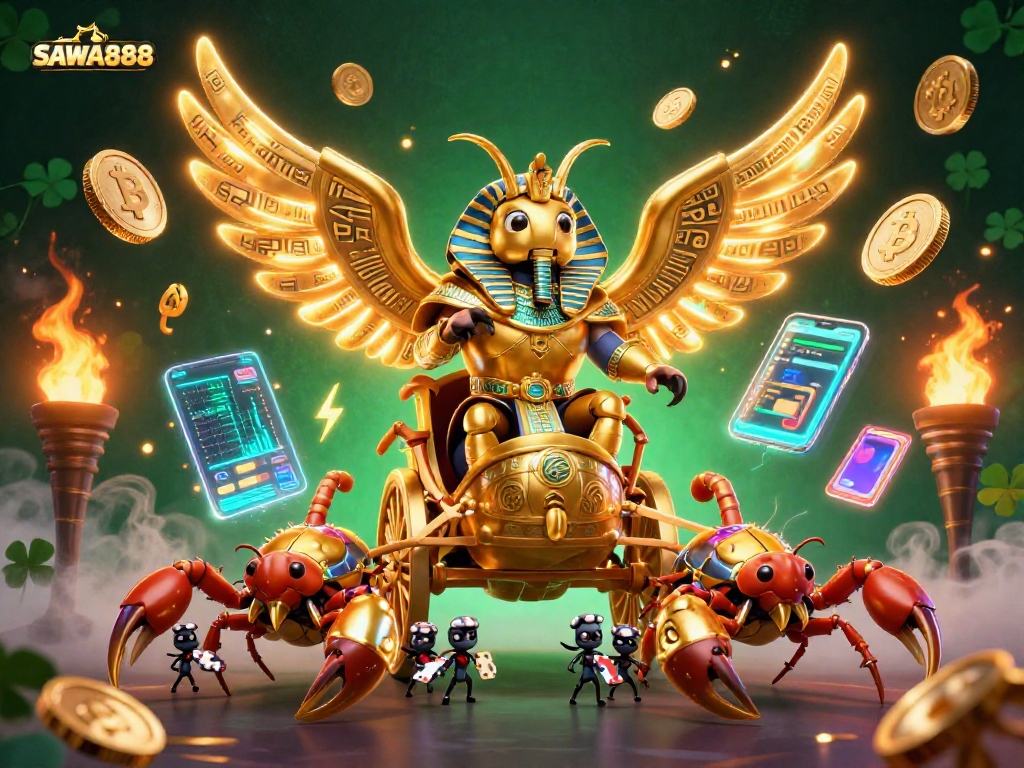 Engage with SAWA888's thrilling golden beetle chariot scene, showcasing high-stakes gambling excitement.