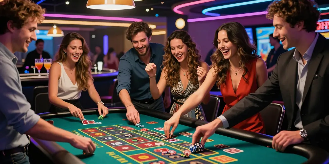Exciting hargatoto casino scene with friends betting at roulette table