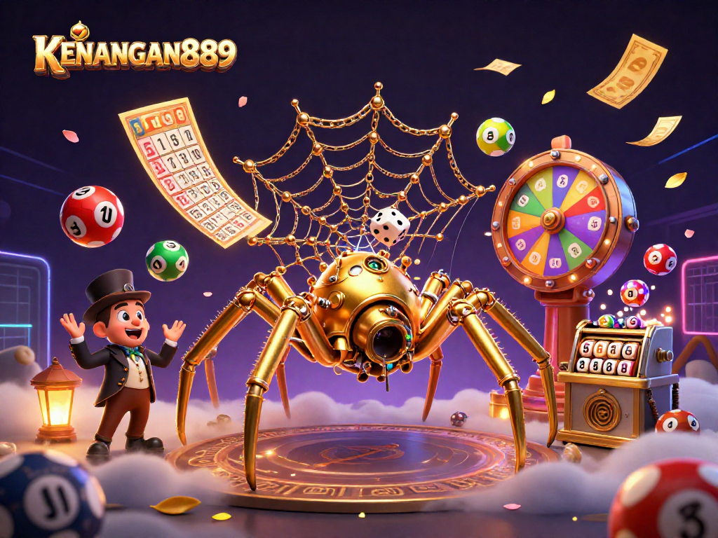 KENANGAN889 showcases a vibrant 3D casino scene with steampunk characters and dynamic lottery elements.
