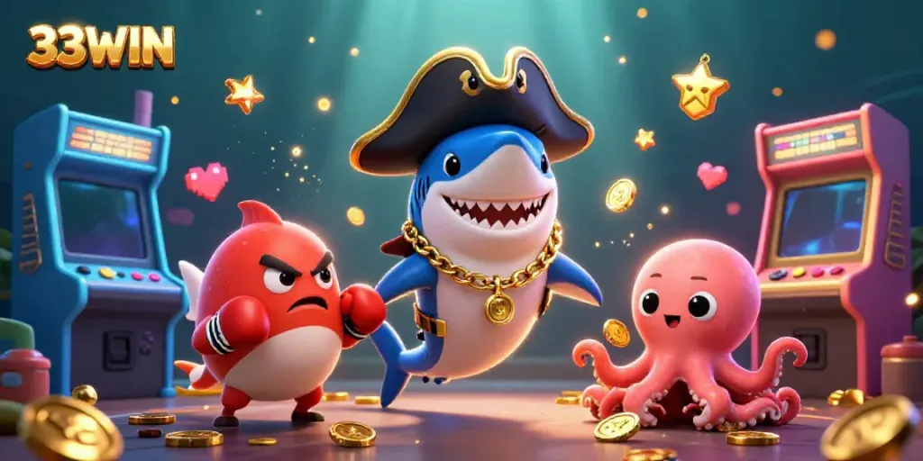 Experience the excitement of 33WIN with an animated scene featuring a shark pirate, pufferfish, and octopus amidst glowing casino games.