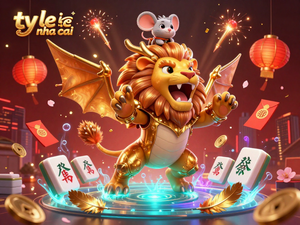 Engage with intense action in ty le keo nha cai, as a roaring chimera and jockey charm gamblers amid vibrant casino elements.