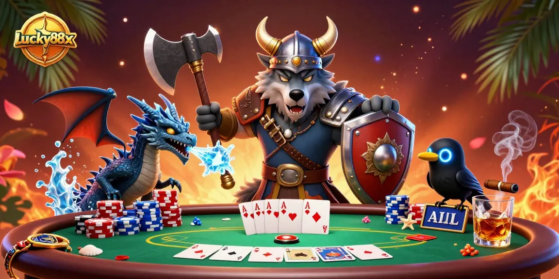 Engage with lucky88x in this vibrant poker scene featuring unique characters and action-packed elements.