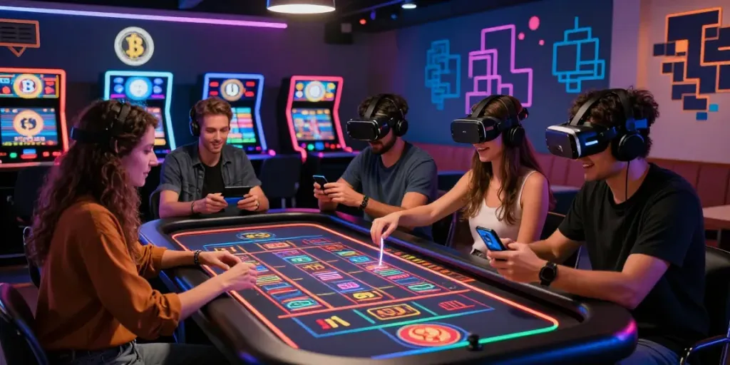 Exciting Crypto Casino scene with friends playing roulette and vibrant LED lights.