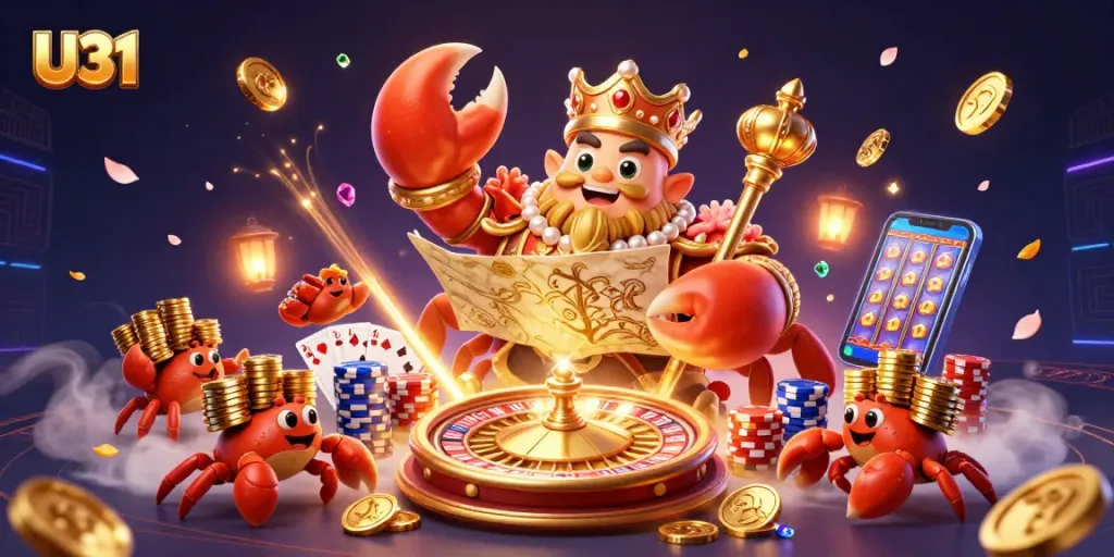 Experience U31's vibrant gaming adventure featuring a golden crab emperor amidst cascading coins and a roulette wheel.