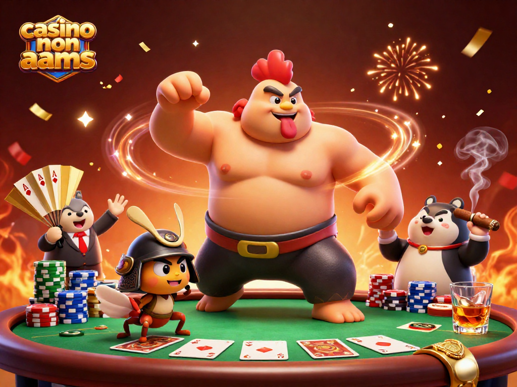Gioca nei migliori casino non AAMS: un gallo e un grillo in azione con tavolo da poker e premi scintillanti.
