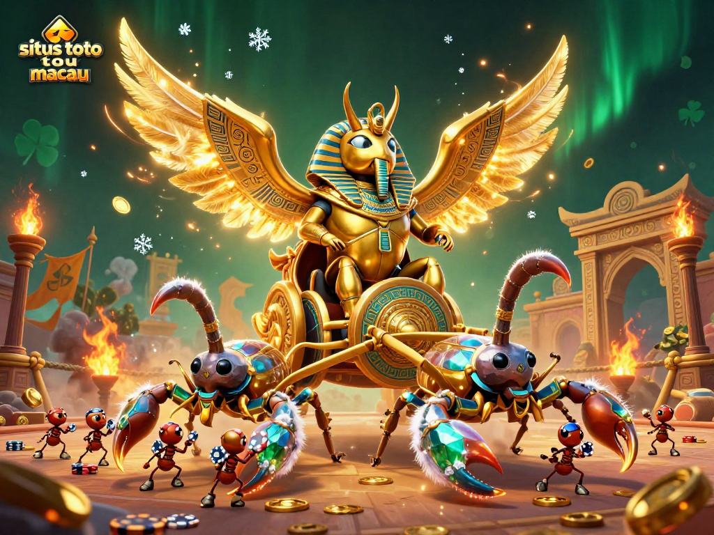 Menangkan jackpot situs toto macau dengan scarab emas, scorpion, dan chip poker gemerlap.