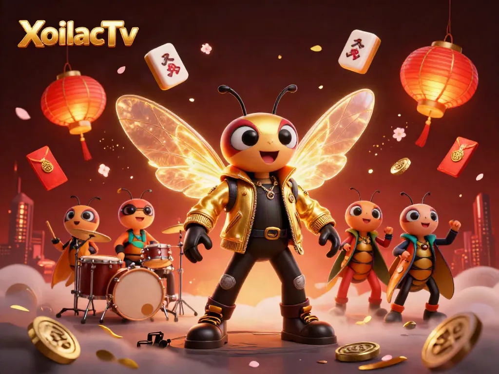 XoilacTv showcases a cartoon rock star cicada with electric wings at a casino celebration.