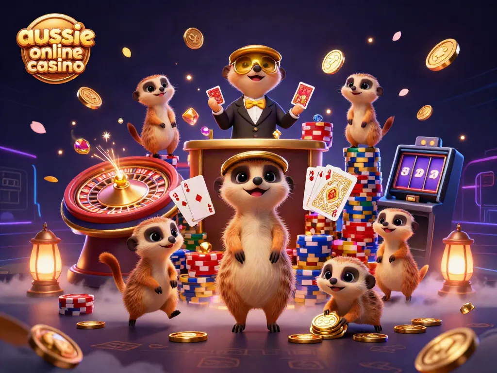 Experience the excitement at an aussie online casino with meerkats in a lively casino scene.