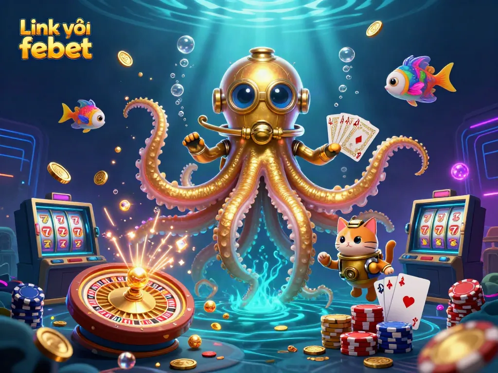 Engage in thrilling gameplay with Link vào febet, featuring a cartoon kraken, diving cat, and vibrant casino elements.