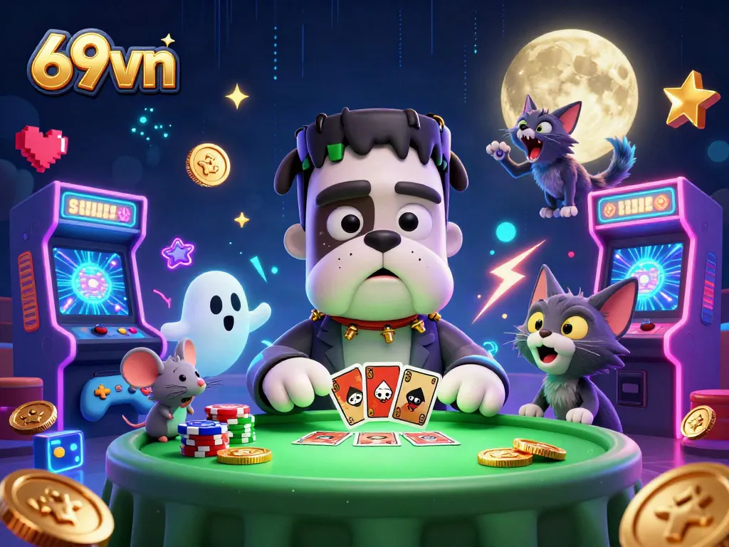 Win big at 69vn as a Frankenstein bulldog deals cards in a spooky casino scene.