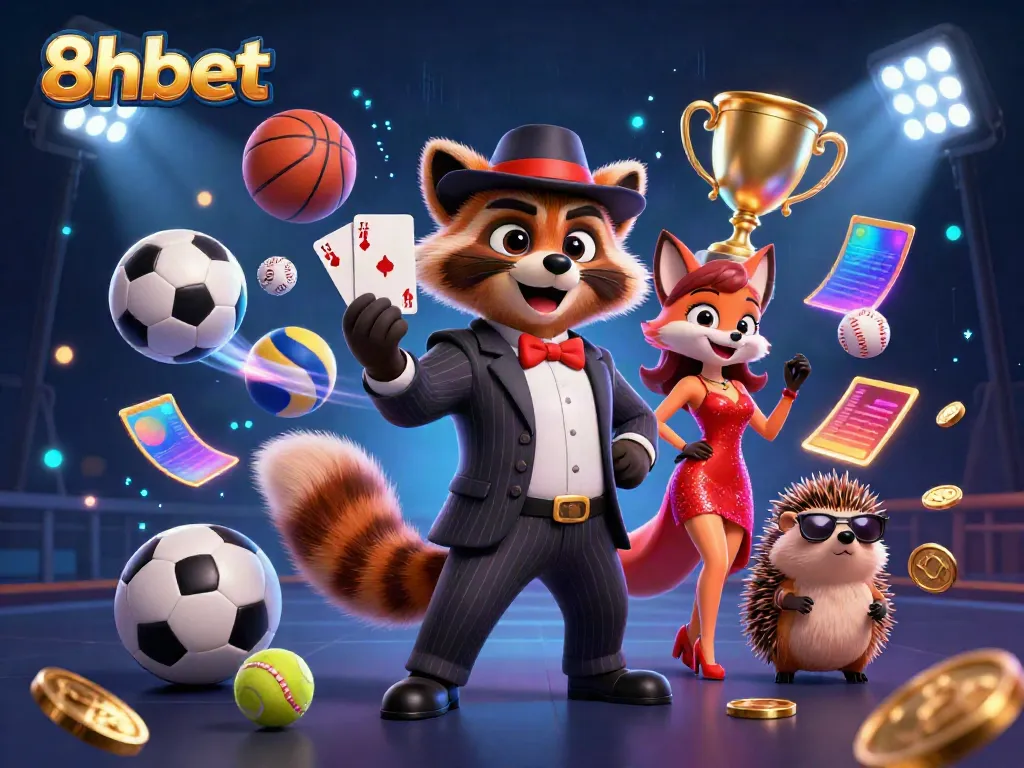 Play at 8xbet with a raccoon, fox lady, and hedgehog in a festive casino scene packed with sports elements.