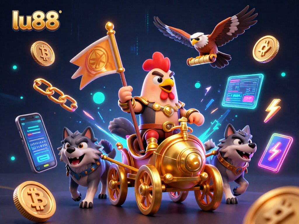 Experience the excitement of lu88 in this vibrant, dynamic casino illustration featuring a rooster warlord with crypto elements.