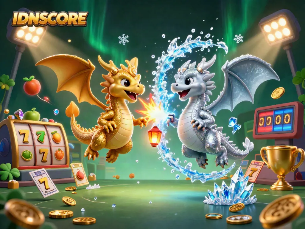 Experience IDNSCORE's enchanting slot games with this dynamic illustration featuring golden and silver dragons, showcasing thrilling jackpot elements.