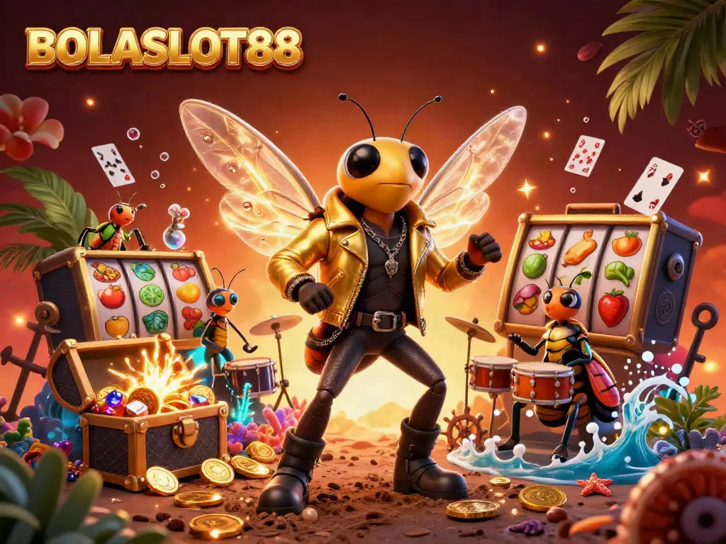BOLASLOT88's vibrant scene featuring a dynamic 3D cartoon cicada rock star amidst slot reels and treasures, perfect for gambling excitement.