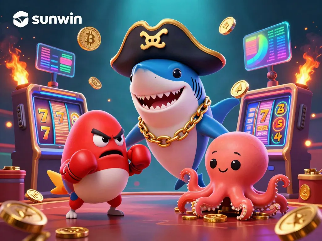 Experience the vibrant sunwin casino adventure with a cartoon shark, pufferfish, and octopus amid slot game excitement.