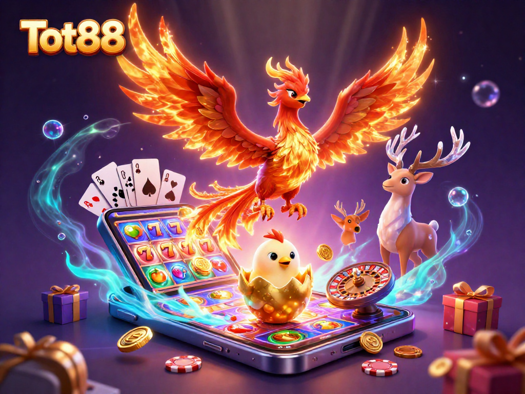 Spin the reels with Tot88 in an exciting 3D illustration of luck and winning elements.