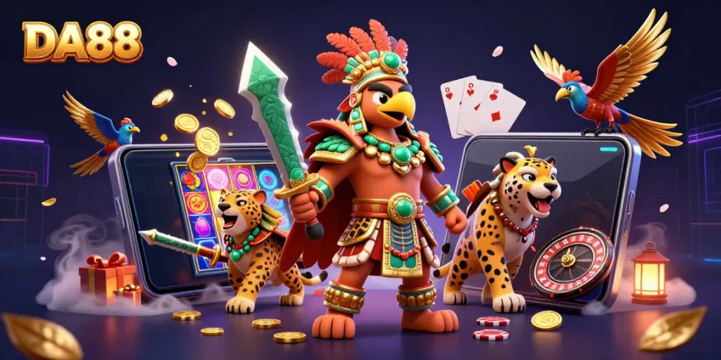 DA88 warriors celebrate with vibrant casino games, showcasing thrilling slot action and rewards