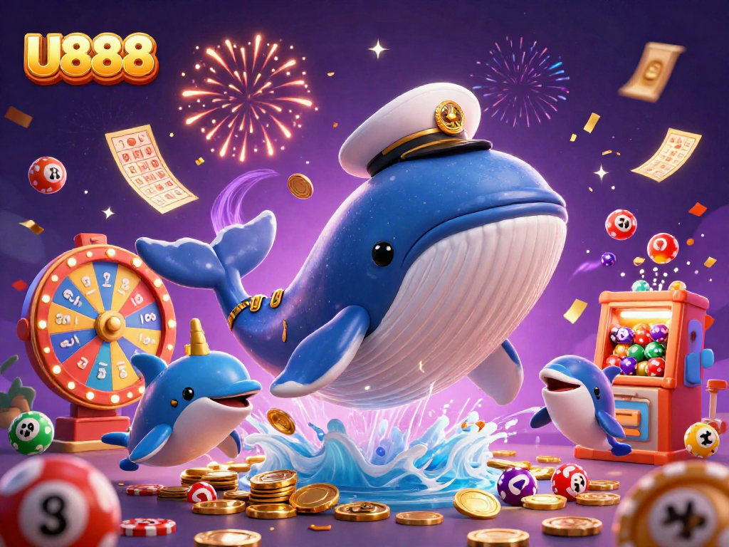 U888 brings excitement with a whale, narwhal, and dolphins in a vibrant casino scene.