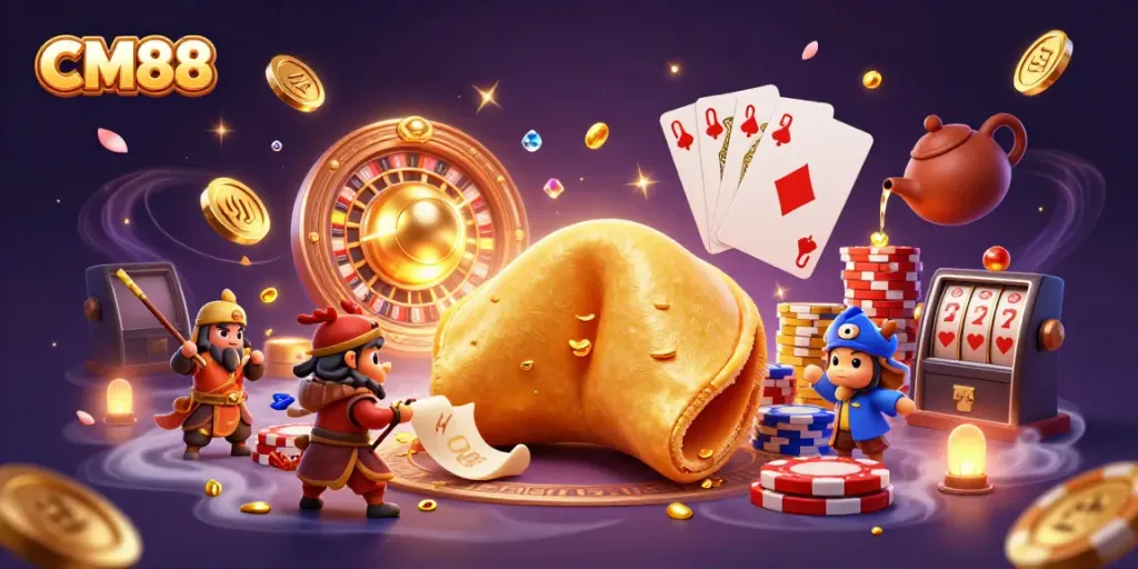 Experience the excitement of CM88 with a vibrant casino-themed 3D illustration featuring a golden fortune cookie and treasures.