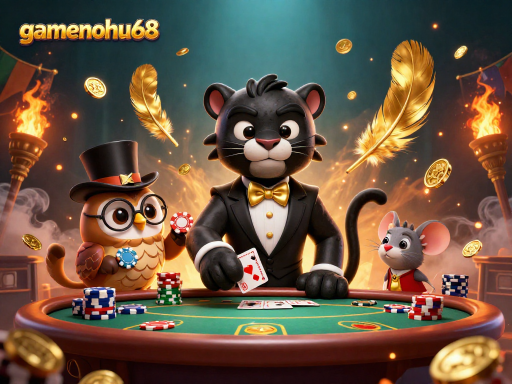 Engage with gamenohu68's thrilling poker scene featuring a stylish black panther dealing cards.