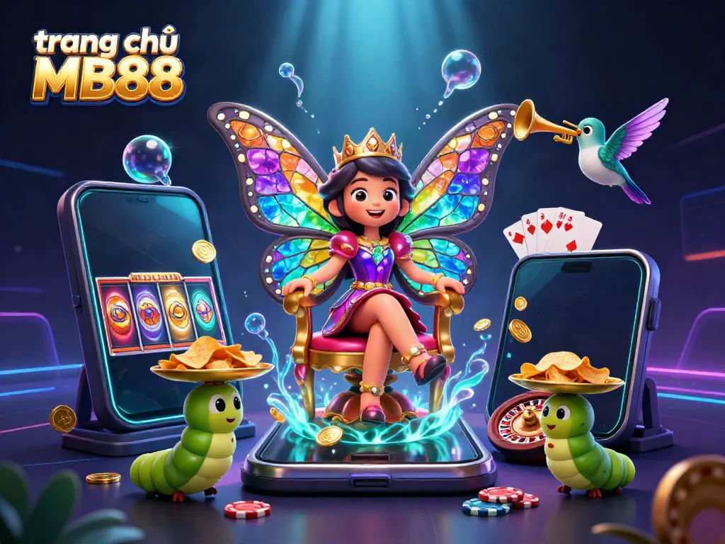 Engage with vibrant slots and lively casino action on trang chủ MB88 featuring a colorful butterfly queen and dynamic game elements.