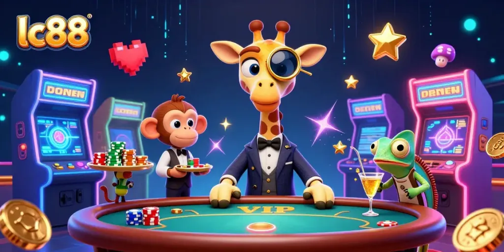 Engage in exciting gaming at lc88 with a high-roller giraffe and vibrant casino elements.