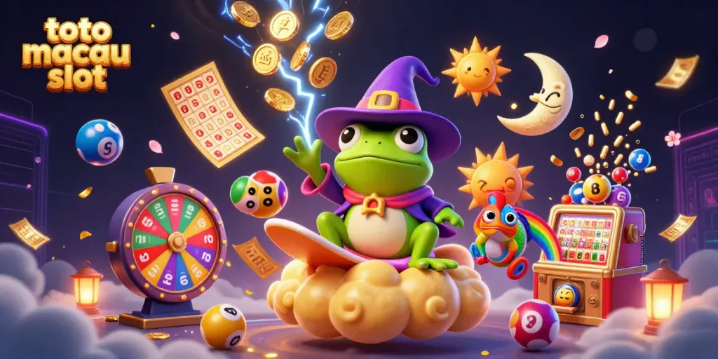Bermain di toto macau slot di tengah hujan koin emas dan bola lotre yang berwarna.