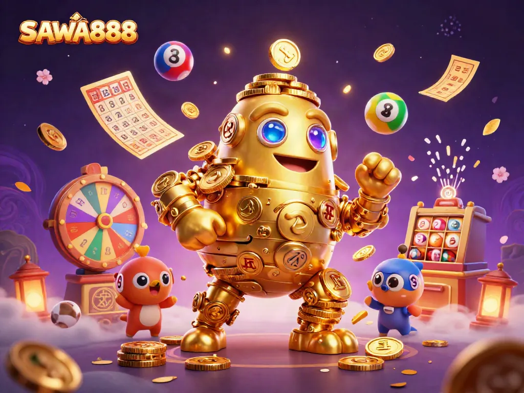 Engage with SAWA888 gaming excitement through vibrant luck symbols and golden elements.