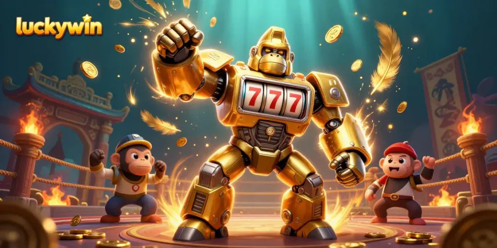 Experience thrilling gameplay with luckywin, featuring an epic golden gorilla mech and vibrant casino elements.
