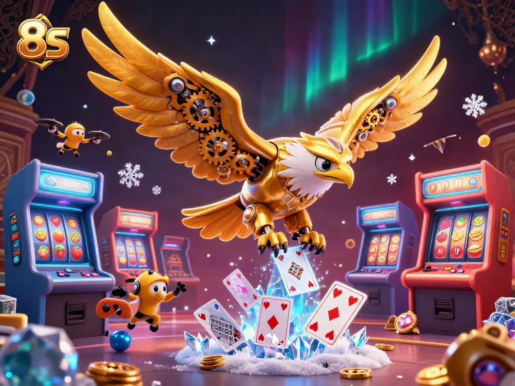 Experience the excitement of 8S gameplay with a cybernetic eagle diving through holographic cards amidst dazzling casino elements.
