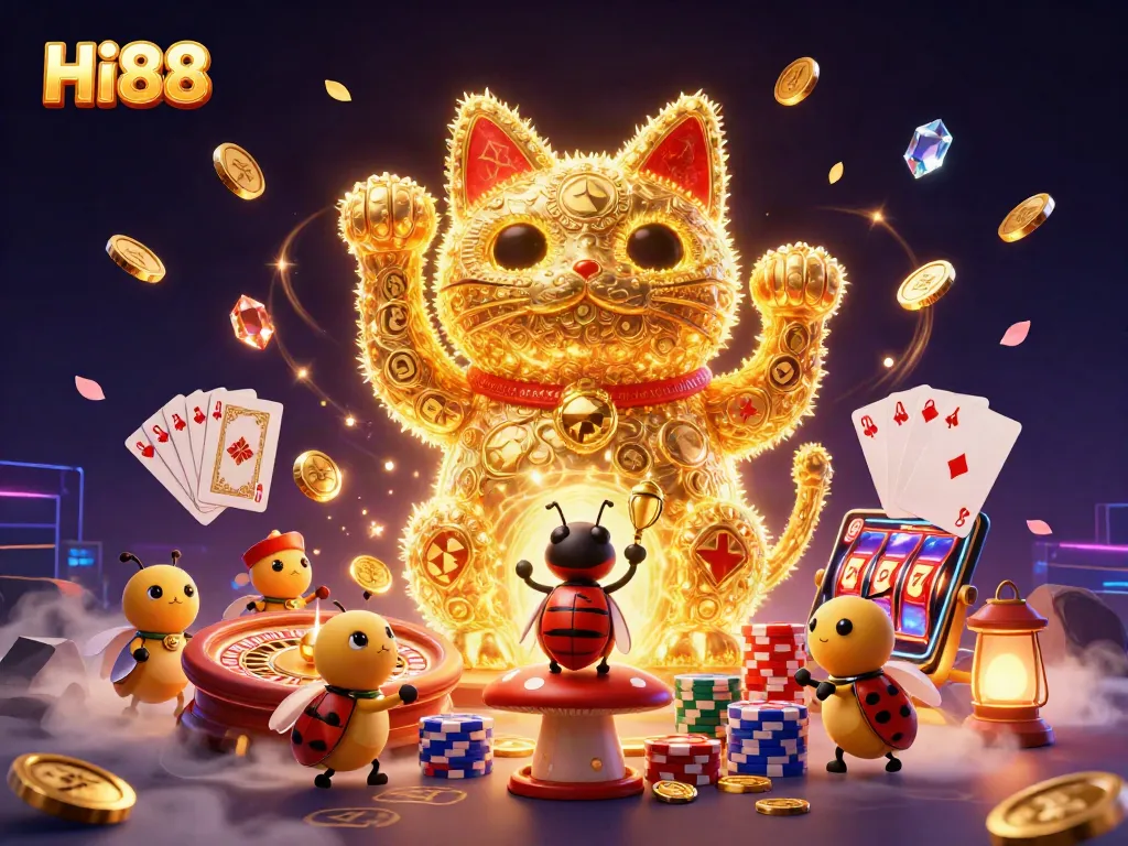 Experience excitement at Hi88 with a lucky cat formed by golden fireflies in a vibrant 3D casino scene.