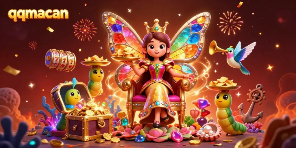 Engage with thrilling qqmacan slot games showcased by a vibrant butterfly queen surrounded by dynamic casino elements.