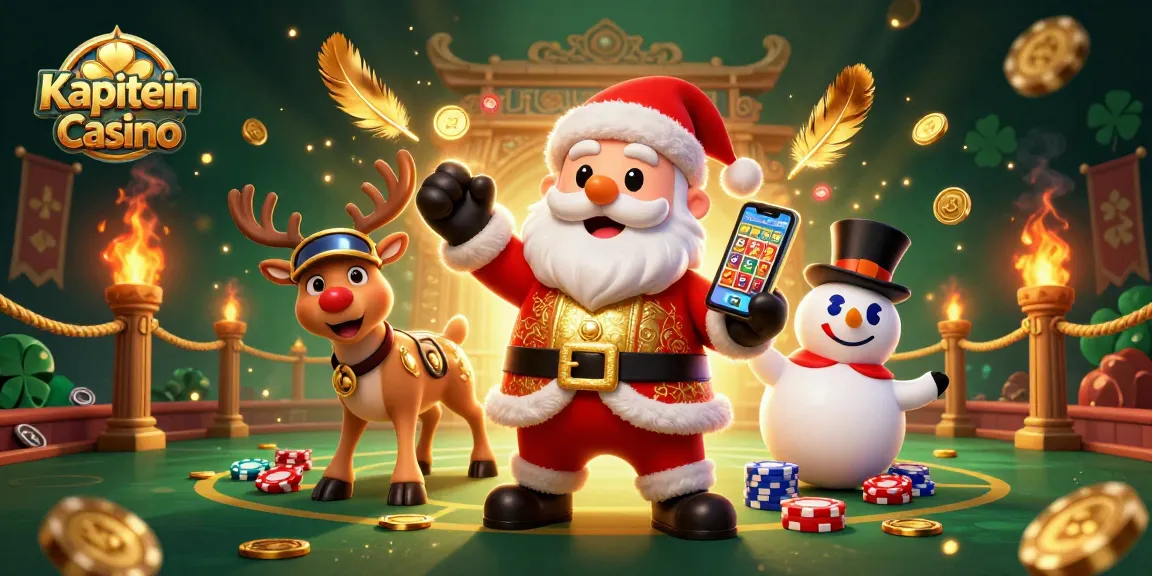 Kapitein Casino menghadirkan Santa yang bersenang-senang di kasino dengan smartphone jackpot, menarik perhatian.