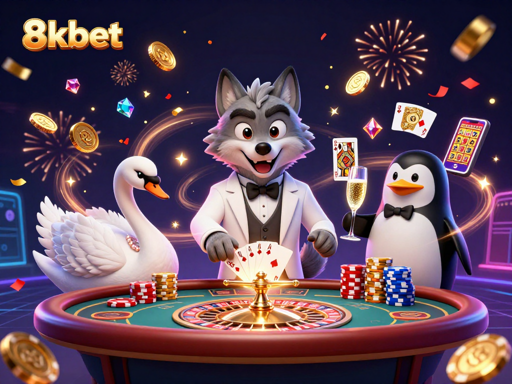 Experience the thrill of 8xbet with a vibrant illustration of a casino scene featuring engaging characters and dynamic game elements.