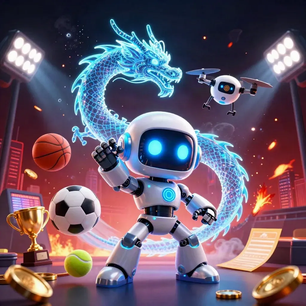 Cyberpunk robot, holographic dragon, and coin drone amid sports balls, trophy, coins, and neon lights.