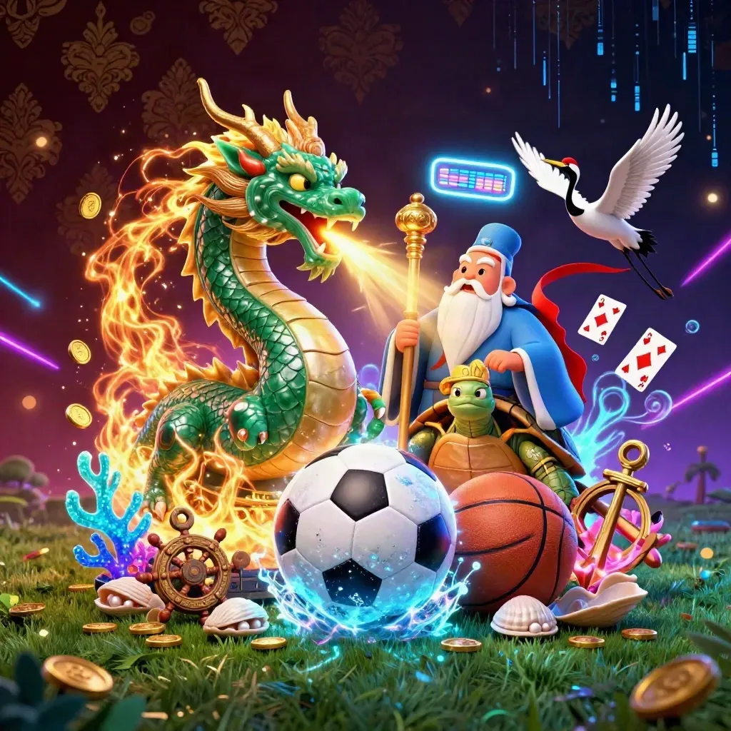 Dragon, turtle sage and cranes surge over soccer and casino elements in a neon esports tile.