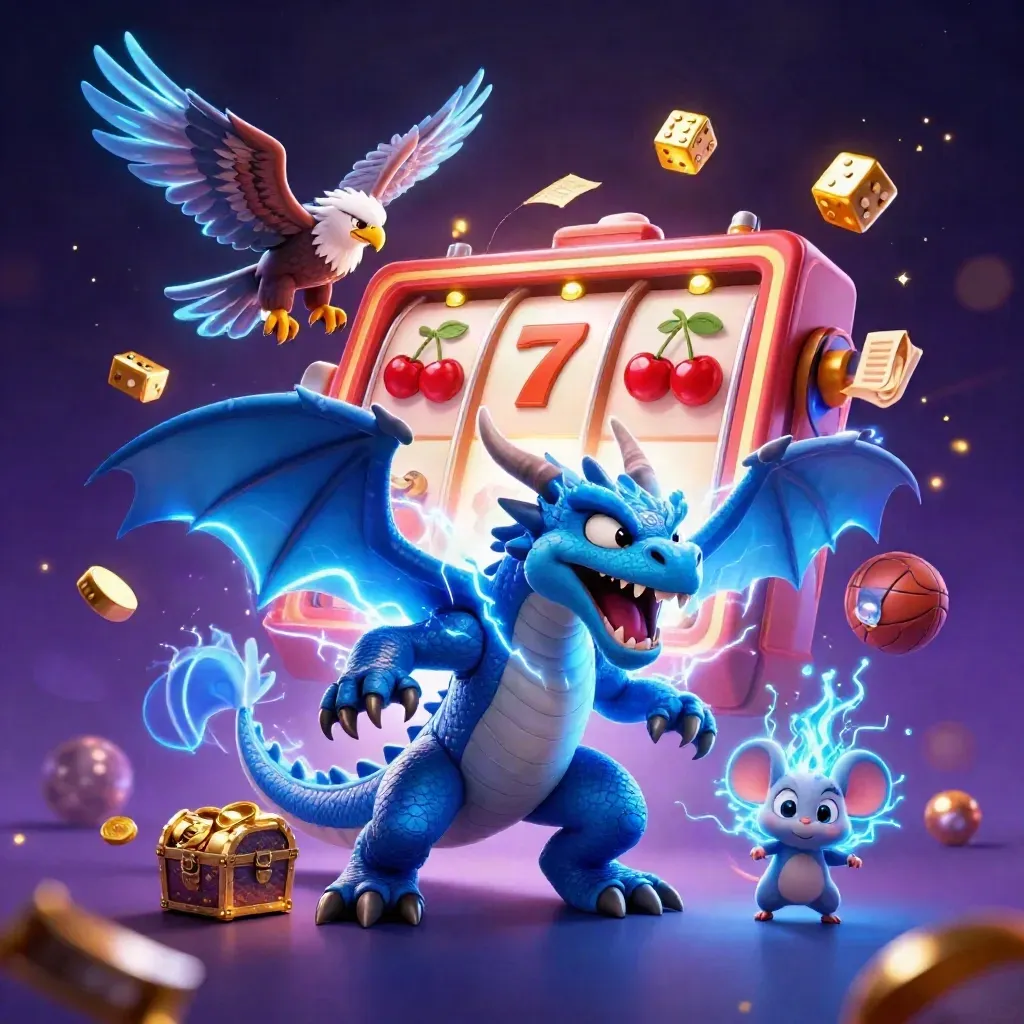 Thunder dragon, wind hawk and static mouse amid slot reels, gold dice and neon casino light.