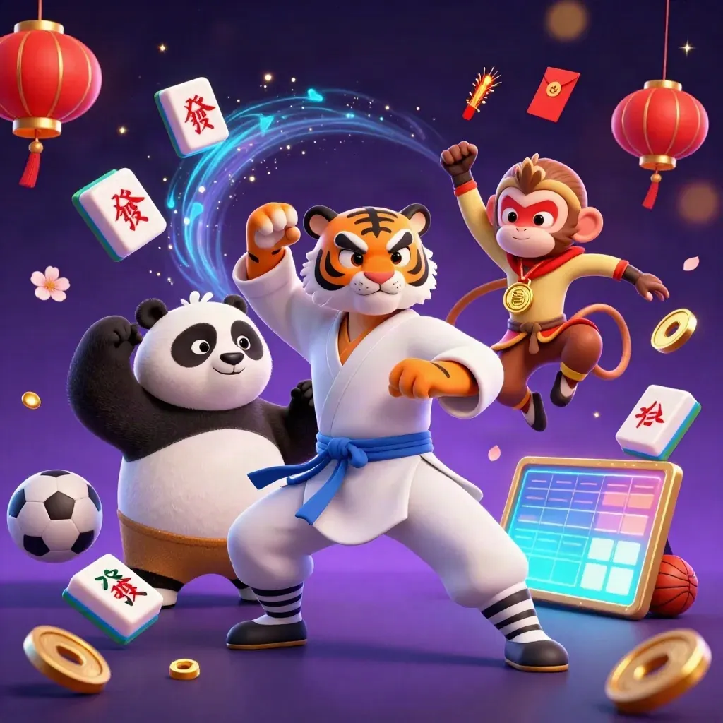 Tiger, panda and monkey in neon casino key art with gold coins, lanterns, and blue light.