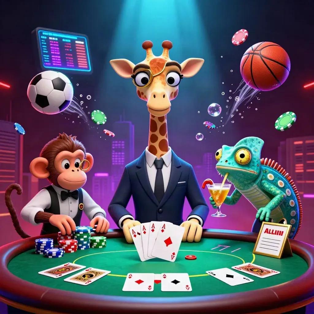 Giraffe, monkey and chameleon at neon poker table with chips, balls and glowing lights.