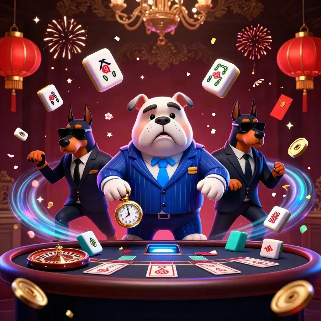 Bulldog mob boss and Dobermans at a luxe casino table with lanterns, coins, and fireworks.