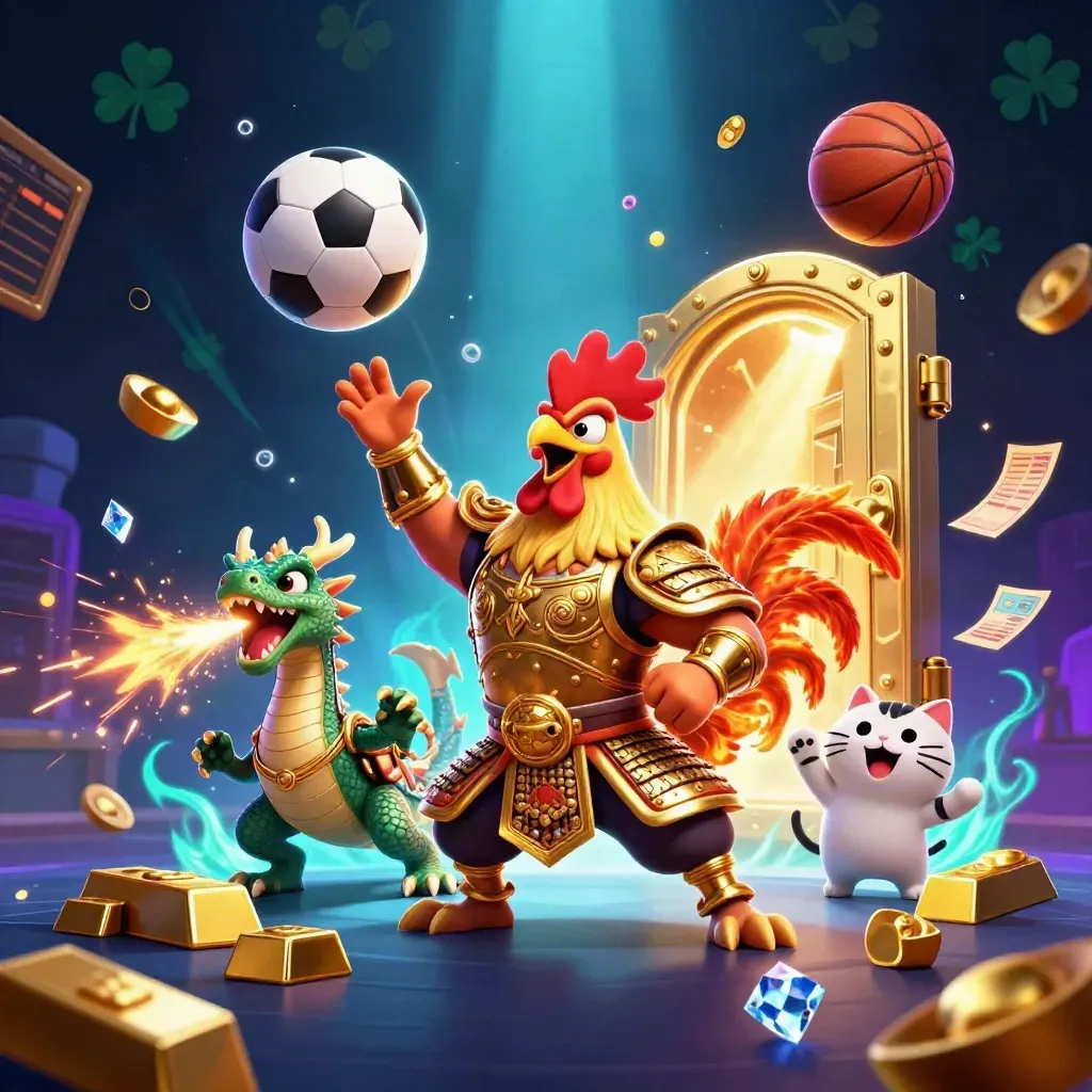 Rooster warrior, dragon hatchling, and fortune-cat amid flying gold, balls, and a vault glow.