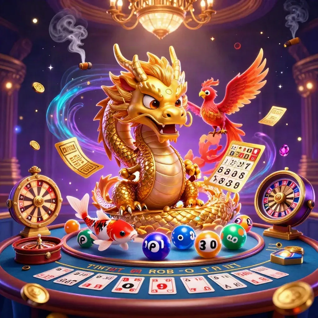 Golden dragon, phoenix, koi and casino icons in a neon-blue magical casino room.