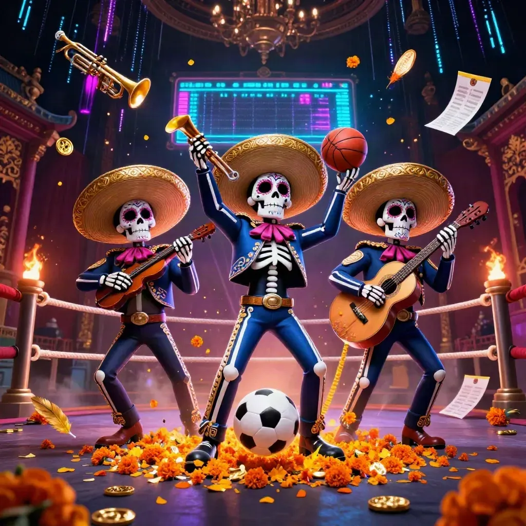 Skeleton mariachi trio amid flying sports balls, neon sparks, coins, and temple-gate casino lights.