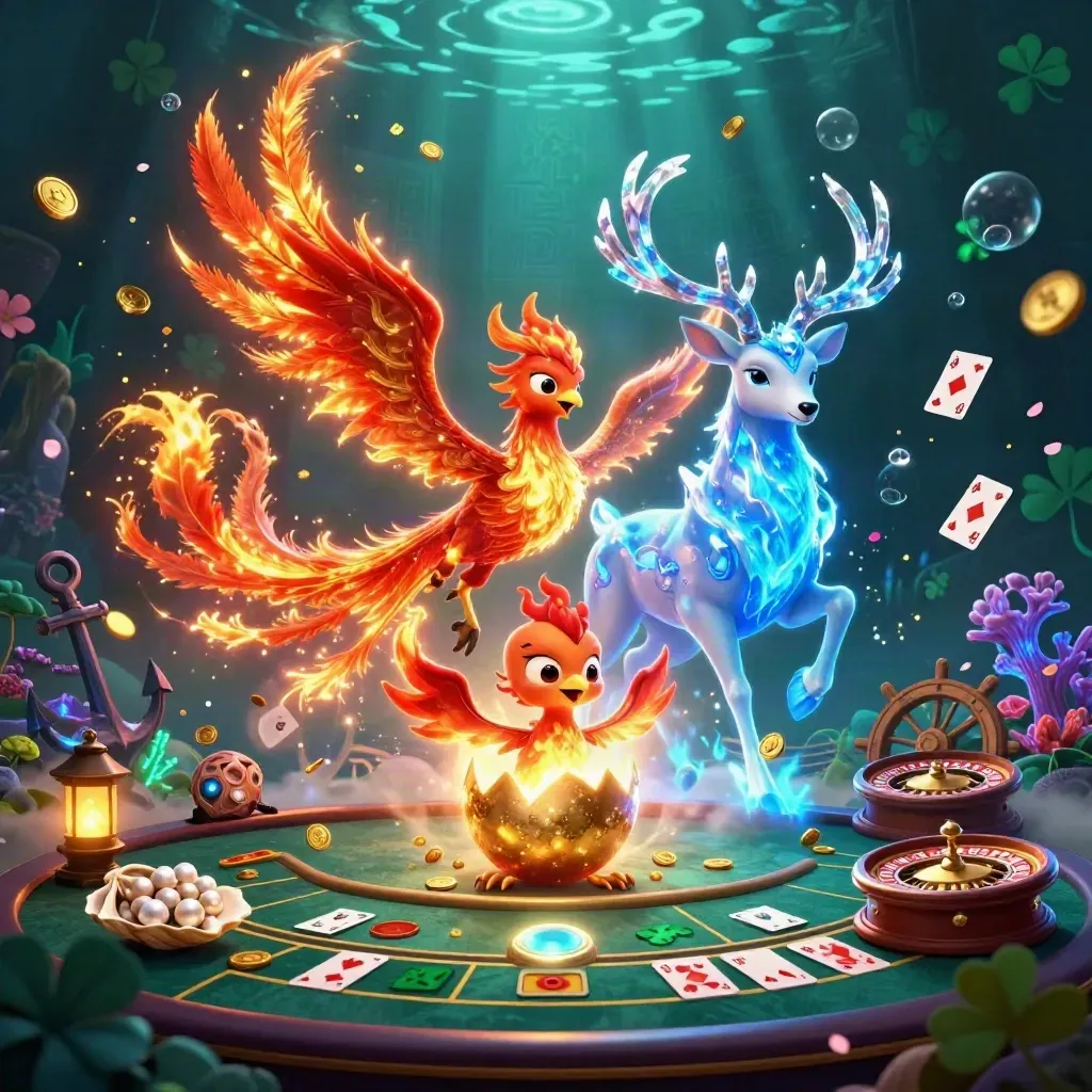 Phoenixes and a stag in a neon casino treasure cove with cards, coral, and gold.