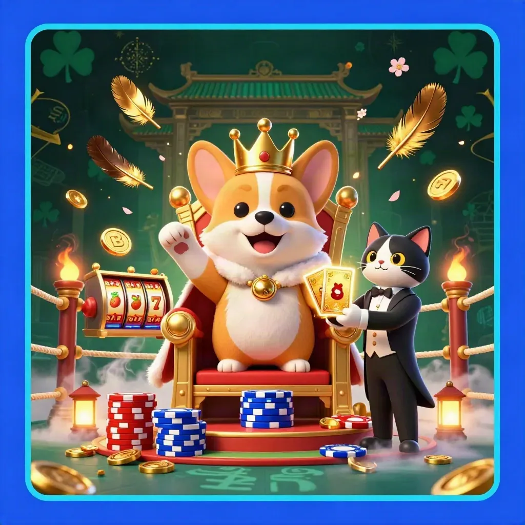 Royal corgi on chip throne with cat butler in a neon casino fantasy scene.
