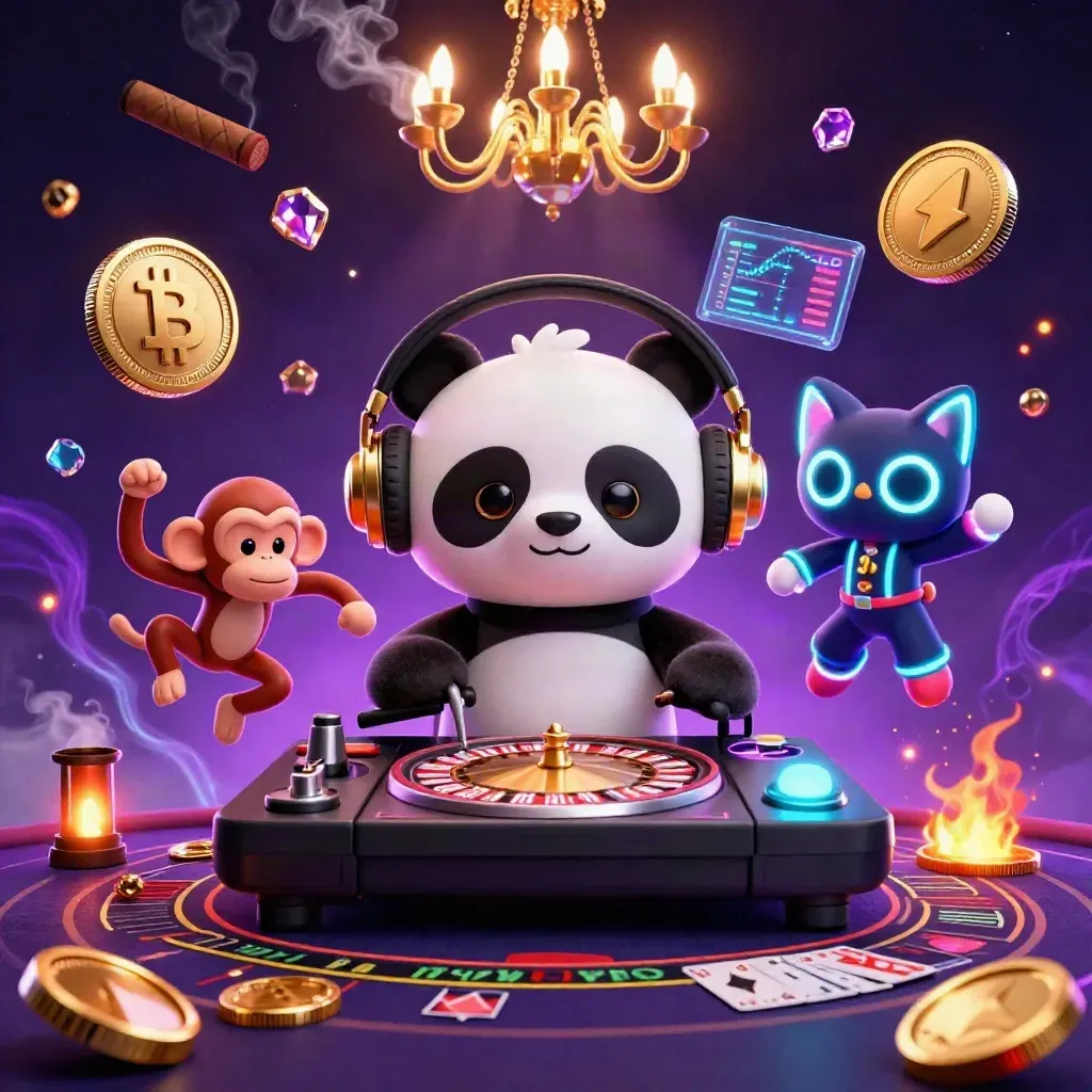 Neon casino scene with panda DJ, dancing monkey, glow-stick kitten, coins, and holograms.
