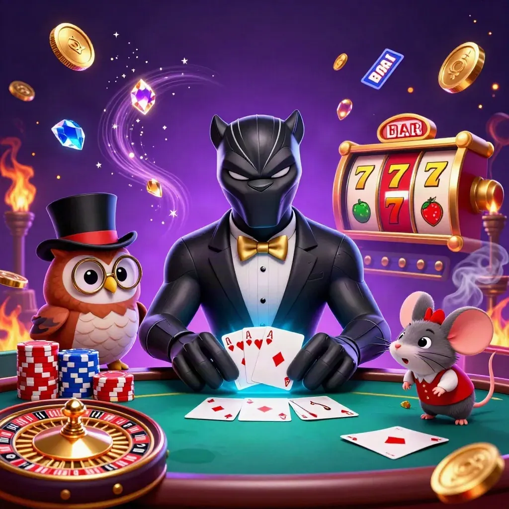 Tuxedo panther, owl, and mouse amid casino chips, cards, coins, roulette, and neon blue energy.